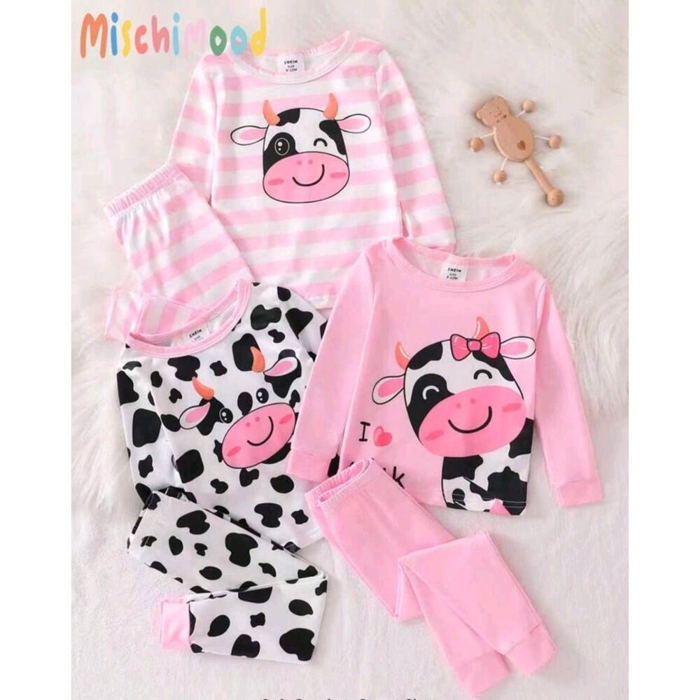 Toddler Girls 2-3Y 6 Piece Pink Cow Pajama Set 3 Matching Outfits
